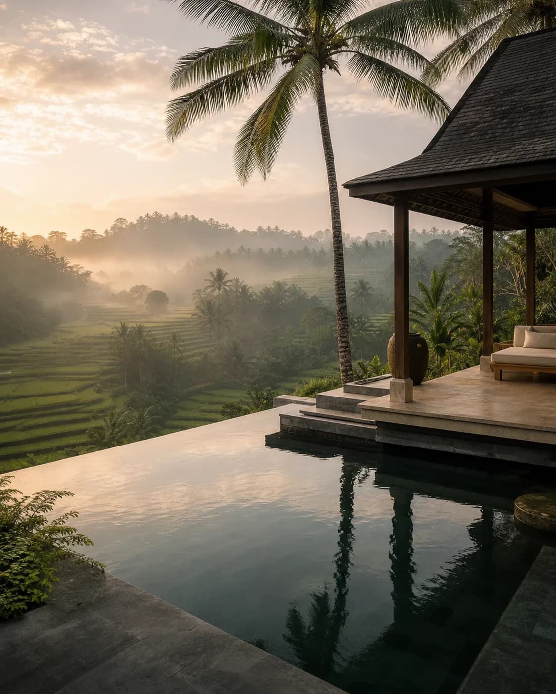 A refined Balinese retreat overlooking misty emerald rice terraces