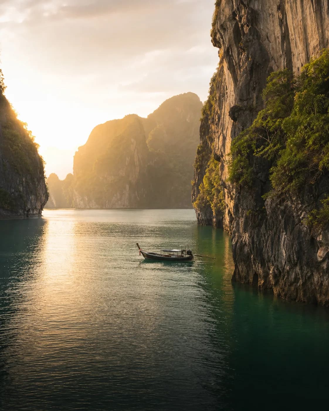 A traditional boat on calm water between Thailand's limestone cliffs