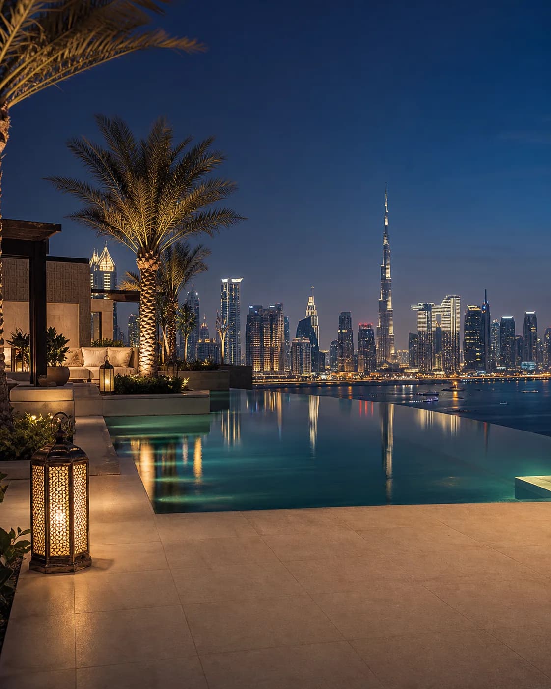 Dubai skyline viewed from an elegant rooftop terrace