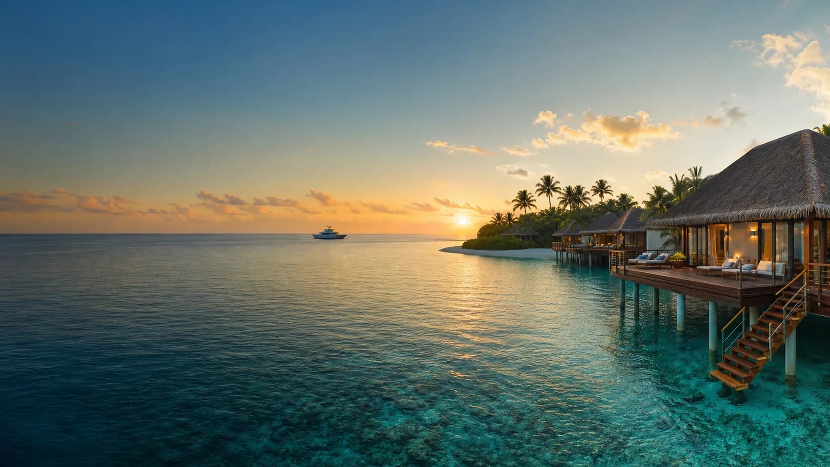 A quiet island resort with overwater villas at sunrise