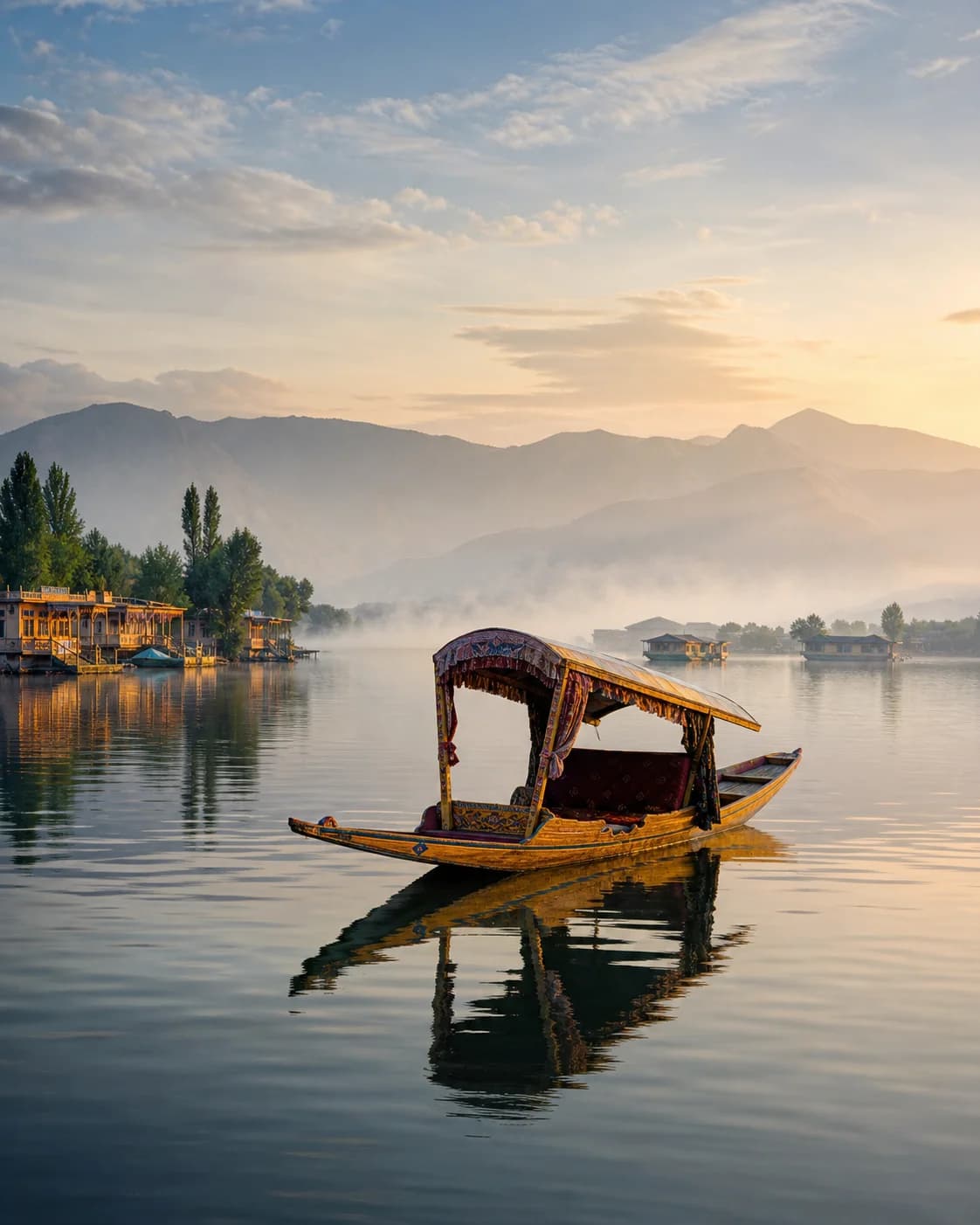 A shikara resting on Dal Lake at sunrise