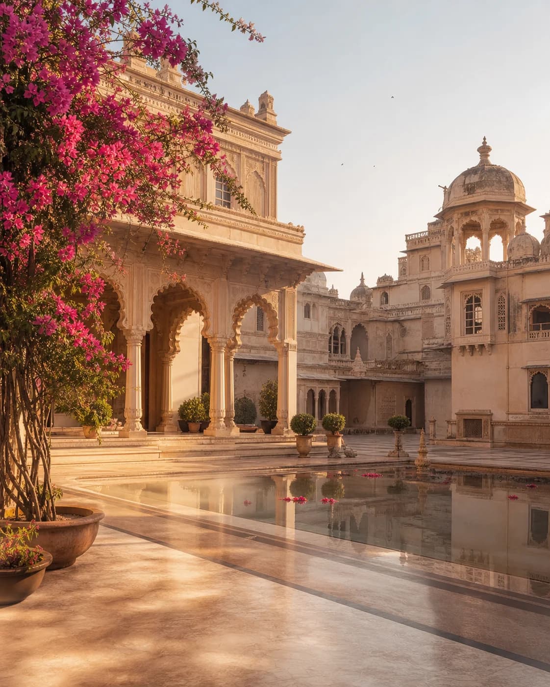 A sunlit heritage palace courtyard in Rajasthan